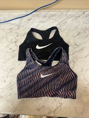 Nike Women's Black and Navy Sports Bra Duo with Pink Accent Pattern